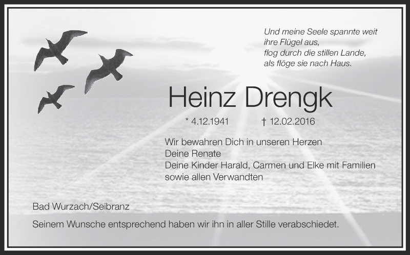  Traueranzeige für Heinz Drengk vom 20.02.2016 aus Schwäbische Zeitung
