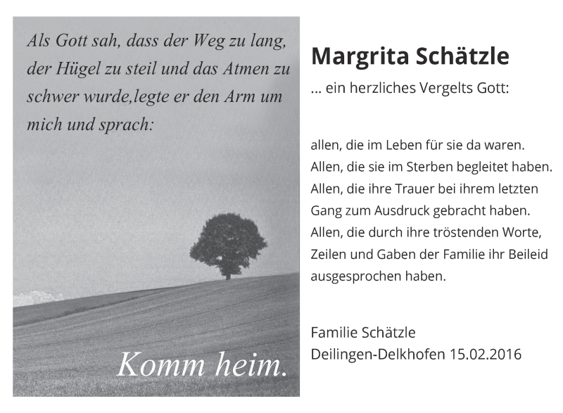  Traueranzeige für Margrita Schätzle vom 15.02.2016 aus Schwäbische Zeitung