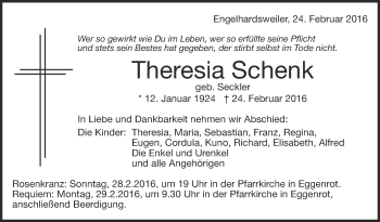 Anzeige von Theresia Schenk von Schwäbische Zeitung