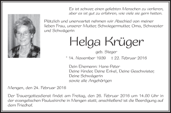 Anzeige von Helga Krüger von Schwäbische Zeitung