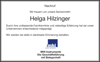 Anzeige von Helga Hilzinger von Schwäbische Zeitung