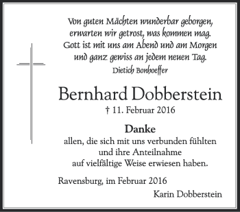 Anzeige von Bernhard Dobberstein von Schwäbische Zeitung