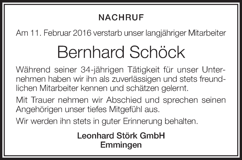  Traueranzeige für Bernhard Schöck vom 17.02.2016 aus Schwäbische Zeitung