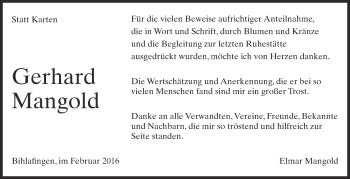 Anzeige von Gerhard Mangold von Schwäbische Zeitung