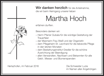 Anzeige von Martha Hoch von Schwäbische Zeitung