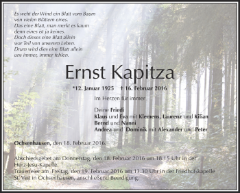 Anzeige von Ernst Kapitza von Schwäbische Zeitung