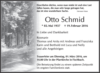 Anzeige von Otto Schmid von Schwäbische Zeitung