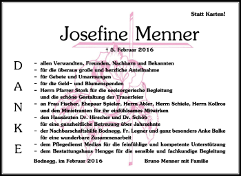 Anzeige von Josefine Menner von Schwäbische Zeitung