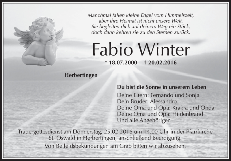  Traueranzeige für Fabio Winter vom 23.02.2016 aus Schwäbische Zeitung