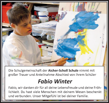 Anzeige von Fabio Winter von Schwäbische Zeitung