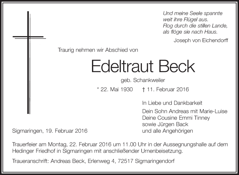  Traueranzeige für Edeltraut Beck vom 19.02.2016 aus Schwäbische Zeitung