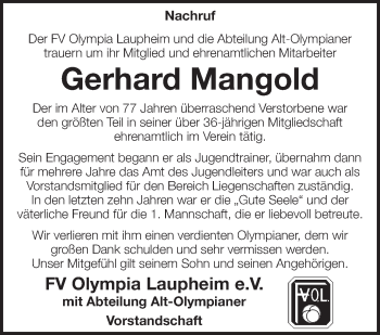 Anzeige von Gerhard Mangold von Schwäbische Zeitung