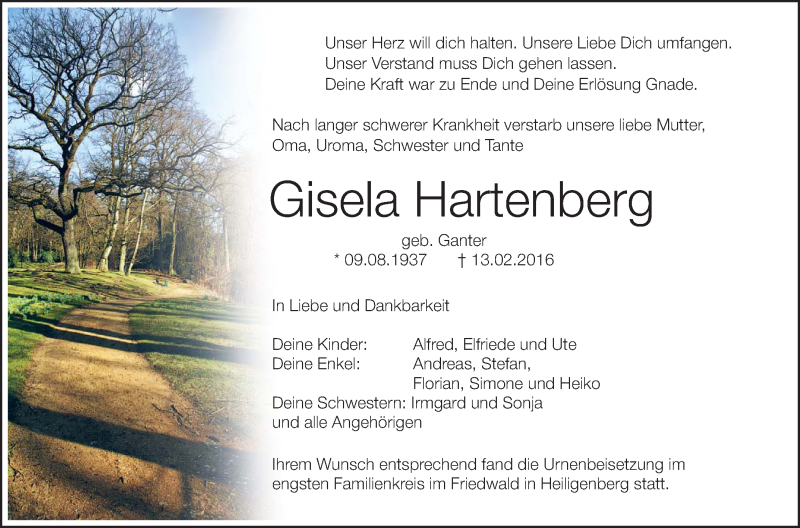  Traueranzeige für Gisela Hartenberg vom 27.02.2016 aus Schwäbische Zeitung
