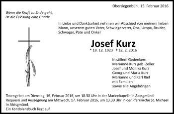 Anzeige von Josef Kurz von Schwäbische Zeitung