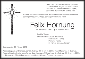 Anzeige von Felix Hornung von Schwäbische Zeitung