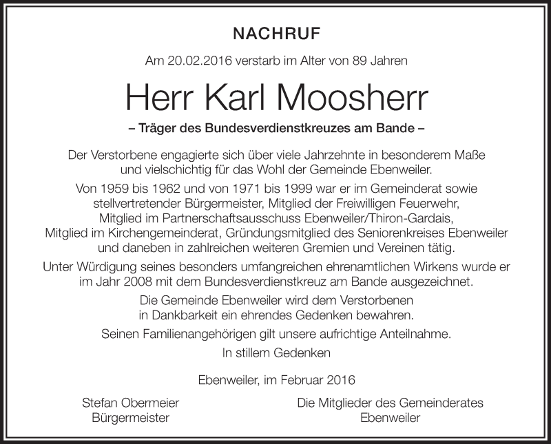 Traueranzeige für Karl Moosherr vom 25.02.2016 aus Schwäbische Zeitung