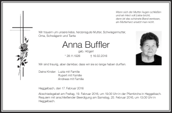 Anzeige von Anna Buffler von Schwäbische Zeitung