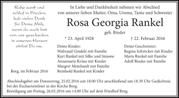 Anzeige von Rosa Georgia Rankel von Schwäbische Zeitung