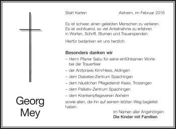 Anzeige von Georg Mey von Schwäbische Zeitung