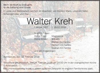 Anzeige von Walter Kreh von Schwäbische Zeitung