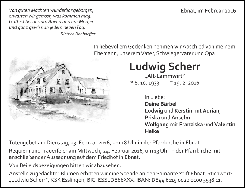  Traueranzeige für Ludwig Scherr vom 22.02.2016 aus Schwäbische Zeitung