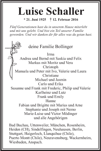 Anzeige von Luise Schaller von Schwäbische Zeitung