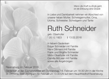 Anzeige von Ruth Schneider von Schwäbische Zeitung