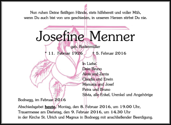 Anzeige von Josefine Menner von Schwäbische Zeitung