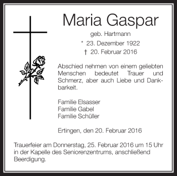 Anzeige von Maria Gaspar von Schwäbische Zeitung