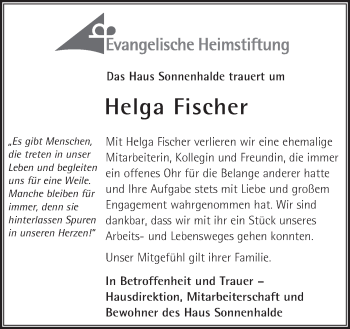 Anzeige von Helga Fischer von Schwäbische Zeitung