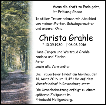Anzeige von Christa Grahle von Schwäbische Zeitung