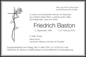 Anzeige von Friedrich Baston von Schwäbische Zeitung