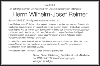 Anzeige von Wilhelm-Josef Reimer von Schwäbische Zeitung