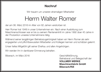 Anzeige von Walter Romer von Schwäbische Zeitung