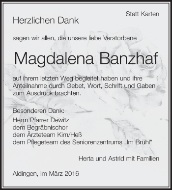 Anzeige von Magdalena Banzhaf von Schwäbische Zeitung