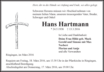 Anzeige von Hans Hartmann von Schwäbische Zeitung