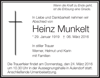 Anzeige von Heinz Munkelt von Schwäbische Zeitung