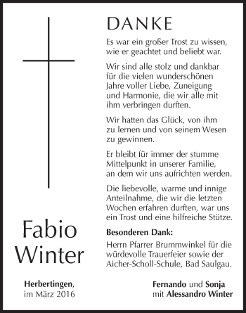 Anzeige von Fabio Winter von Schwäbische Zeitung