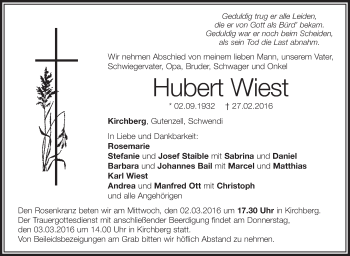 Anzeige von Hubert Wiest von Schwäbische Zeitung