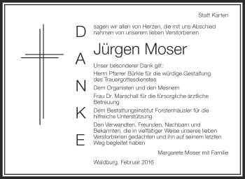 Anzeige von Jürgen Moser von Schwäbische Zeitung