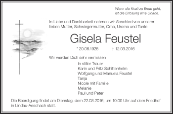 Anzeige von Gisela Feustel von Schwäbische Zeitung