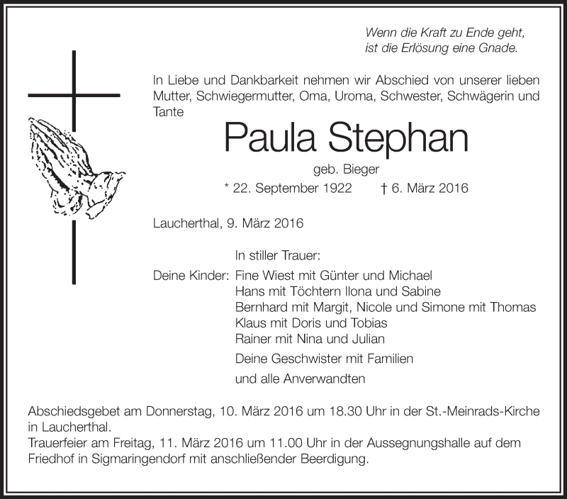  Traueranzeige für Paula Stephan vom 09.03.2016 aus Schwäbische Zeitung
