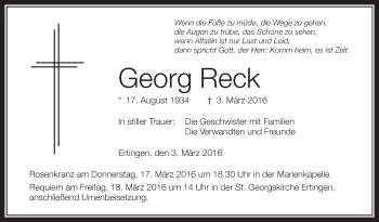 Anzeige von Georg Reck von Schwäbische Zeitung