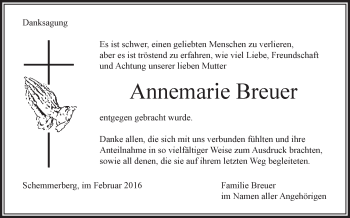 Anzeige von Annemarie Breuer von Schwäbische Zeitung