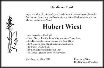 Anzeige von Hubert Wiest von Schwäbische Zeitung