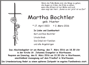 Anzeige von Martha Bochtler von Schwäbische Zeitung
