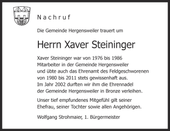 Anzeige von Xaver Steininger von Schwäbische Zeitung
