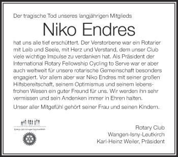 Anzeige von Niko Endres von Schwäbische Zeitung