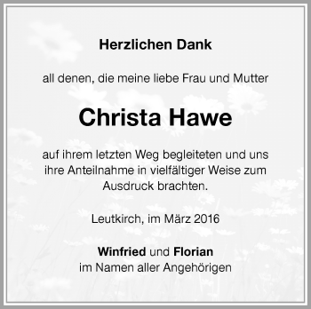 Anzeige von Christa Hawe von Schwäbische Zeitung