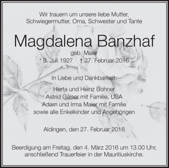 Anzeige von Magdalena Banzhaf von Schwäbische Zeitung